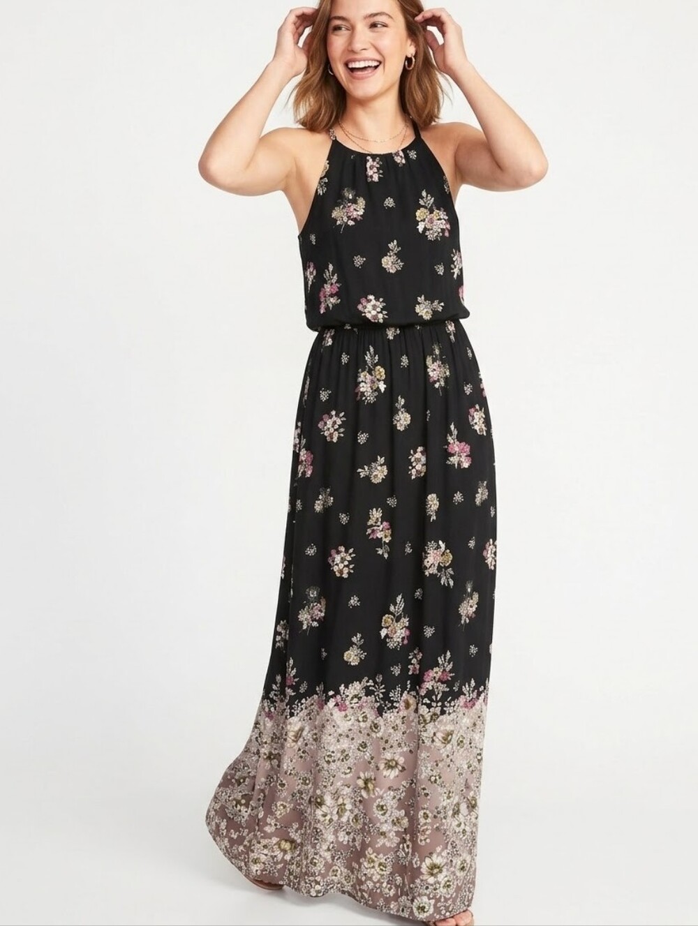 Maurices Black Floral Maxi Dress with Border Hem